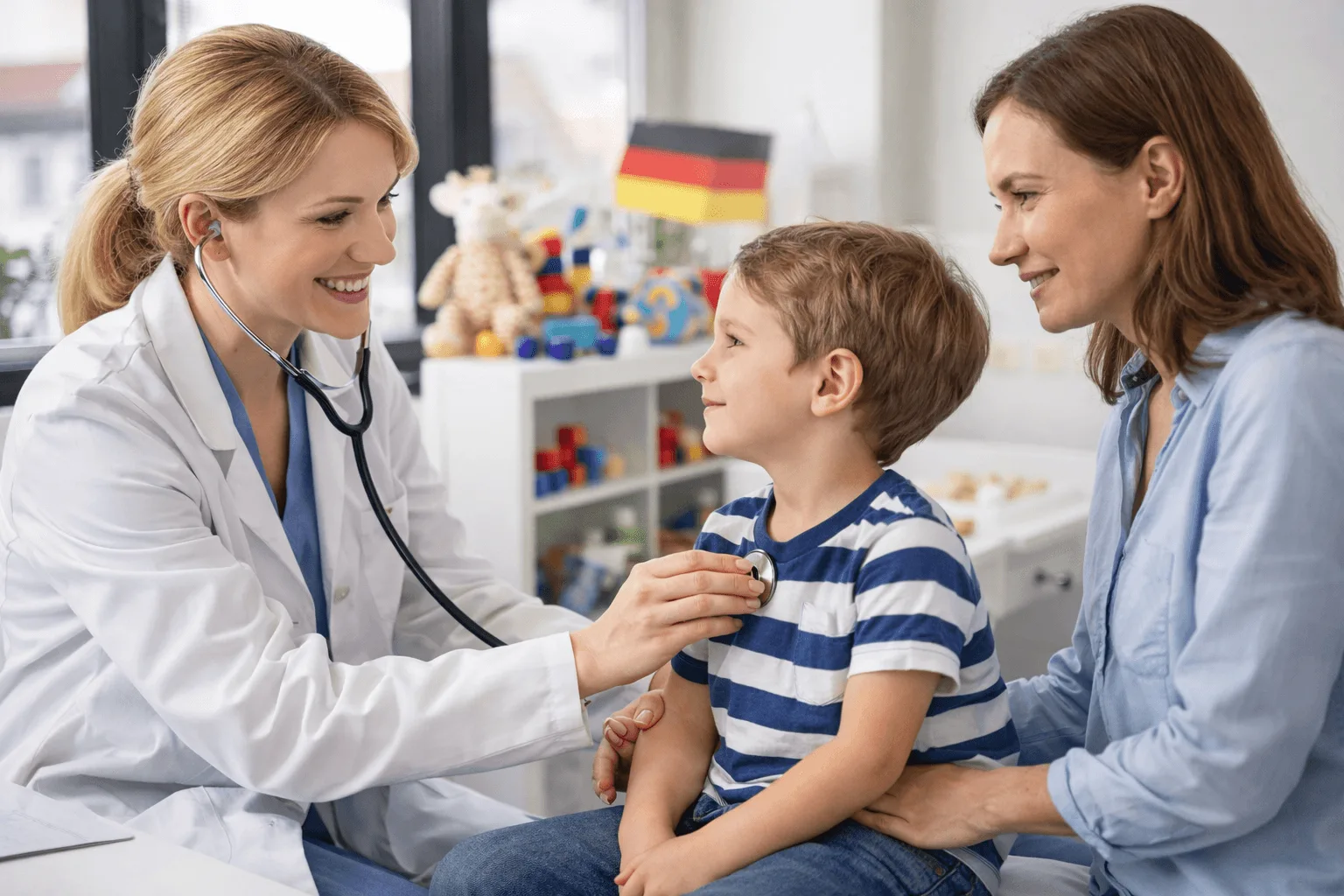 pedijatar pregledava dijete u modernoj ordinaciji u Njemačkoj